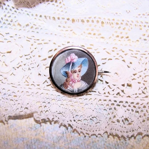 Antique Edwardian Gold Filled Handpainted Portrait Miniature Pin Brooch - Picture 2 of 5